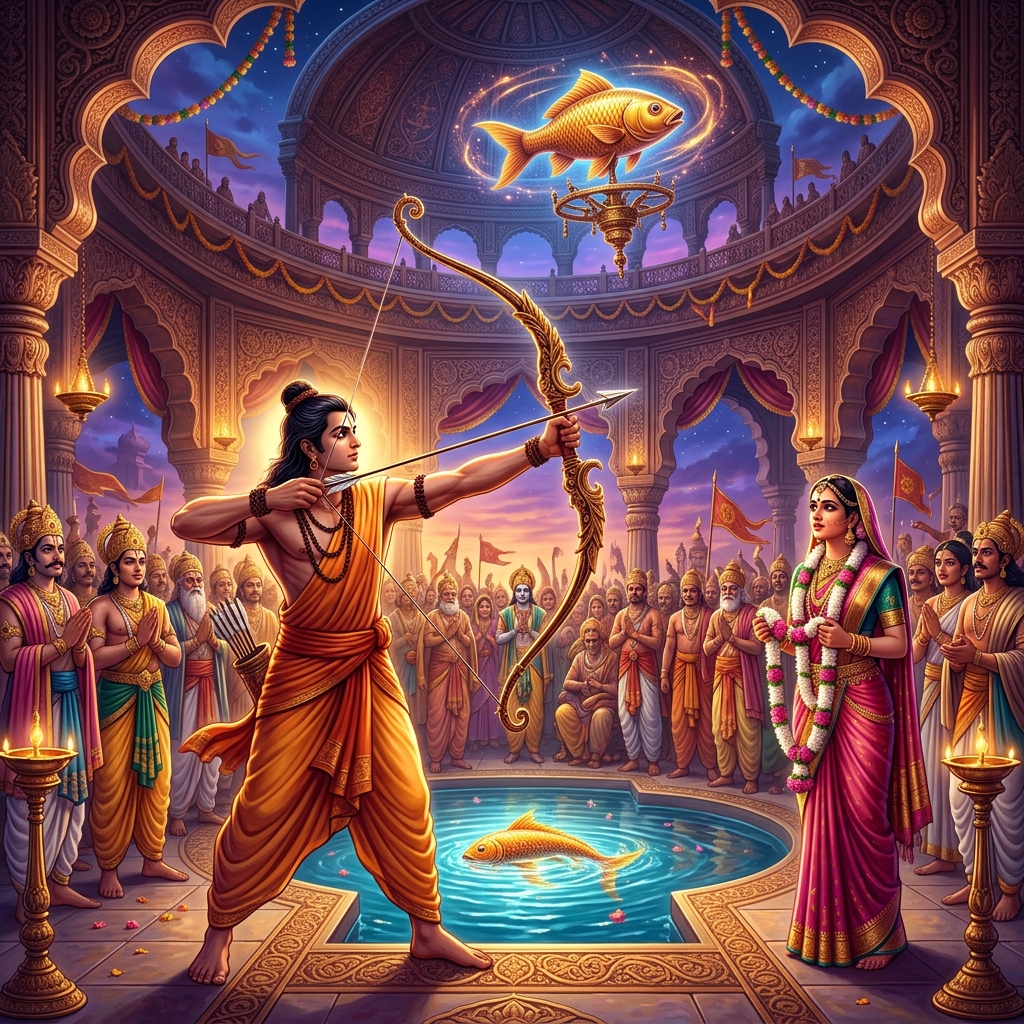 Draupadi's Swayamvara - Arjuna shooting the target