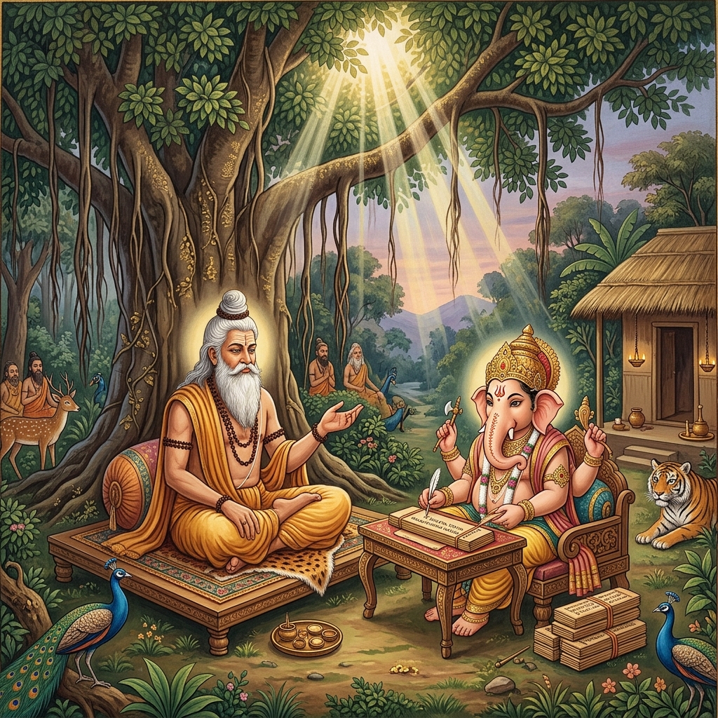 Sage Vyasa dictating to Lord Ganesha